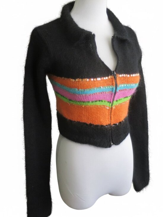 Aridza Bross Sweaters - Y2K Cropped Striped Sequin Mohair Cardigan Sweater Size XS